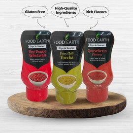 Food Earth Indian Dips & Chutneys Variety Pack – Desi Dragon Schezwan, Gooseberry Chutney & Fiery Chili Thecha – Vegan & Gluten-Free Indian Sauces (Pack of 3)