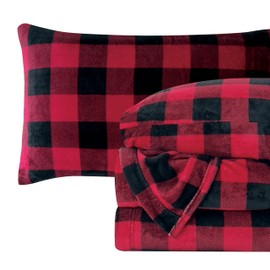 Elegant Comfort Luxuriously Soft 4-Piece Velvet Plush Flannel Sheet Set - Premium Quality - Cozy Warm, Anti-Static, Non Pilling Fuzzy Velvet Flannel Fleece Deep Pocket Sheet Set - Queen, Buffalo Red