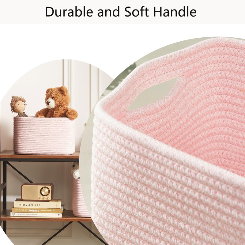 MOJOSCEND Pink Storage Bins 4 Pack Rectangular Rope Basket for