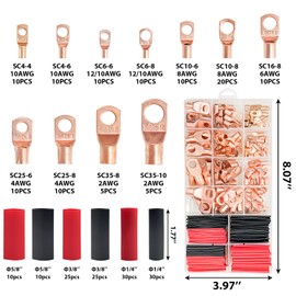 Socpuro Cable Lug Crimping Tool with 110pcs Copper Wire Lugs and 130pcs Heat Shrinkable Tube, Wire Crimping Tool for AWG 10-1/0 Battery Terminal, with Cable Cutter