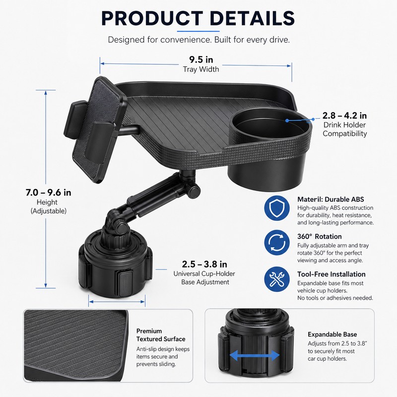 Adjustable Car Cup Holder Tray for Road Trips – 360°