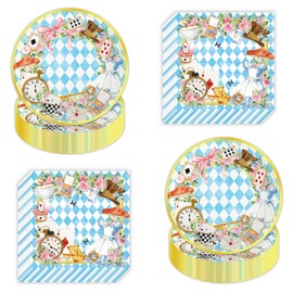 80 Pcs Tea Party Plates and Napkins for 40 Guests Tea Party Supplies Disposable Tableware Set White & Blue Teacup Paper Plates Napkins for Birthday Baby Shower, Teacup Theme Partys Supplies