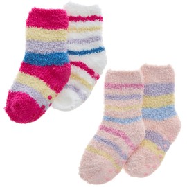 4 Pairs Baby Girls Toddler Fluffy Slipper Socks with Non-Slip Grippers – Thermal Winter Anti-Skid Crew Socks (UK 12-24 Months, Pink/Baby Pink Stripes)