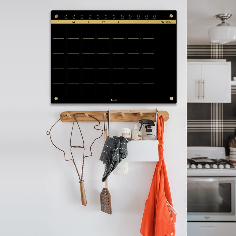 Black Glass Golden Monthly Dry Erase Calendar Whiteboard for Wall,