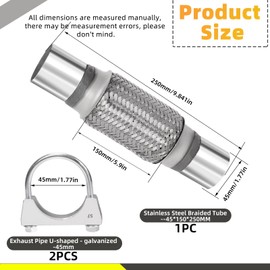 Mardatt 3Pcs Exhaust Flex Pipe Heavy Duty Stainless Steel Exhaust Flex Pipe Double Braid Exhaust Flex Tube U-Bolt Clamp Stainless Steel Muffler U-Bolt Clamps for Cars Trucks Buses Pipes(2" x 6" x 10")