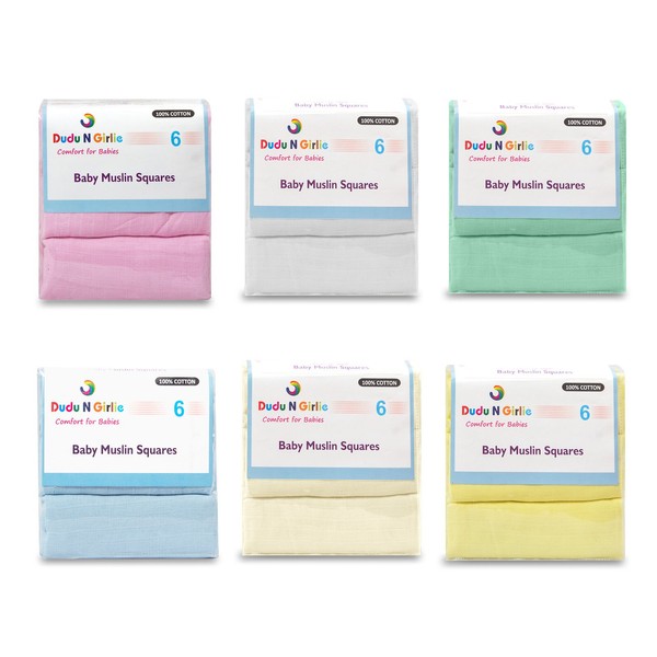 6pk Baby Muslin Square Burp Cloth 100% Pure Soft Cotton 70x70cm Blue and Yellow.