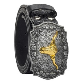 INOGIH Western-Cowboy-Belts for Women Men Vintage Floral-Engraved Bull Head Buckle Cowgirl-Waist-Belt for 25 to 38" Waist, Black, For Waist 33-36 in
