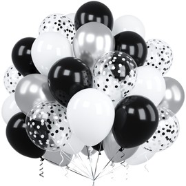 Black Silver White Balloons, Ousuga 60 pcs 12 Inch Matte White Black Metallic Silver Confetti Latex Balloons Set for Men Women Birthday Party Graduation Anniversary Baby Shower Wedding Decoration