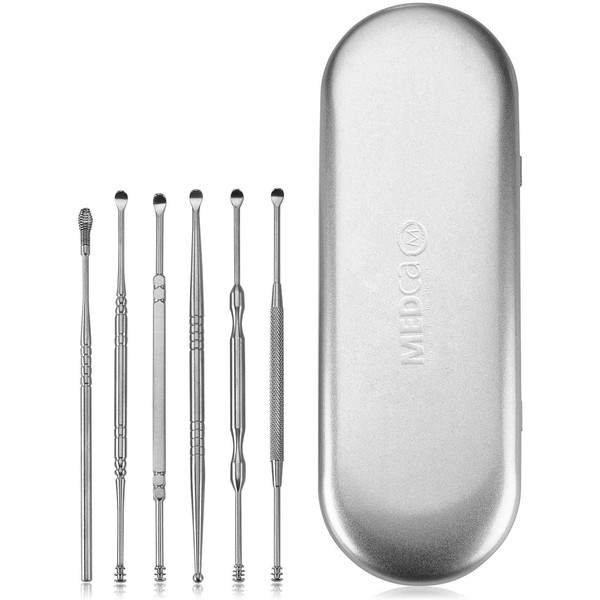 Ear Wax Removal Kit - 6 Piece Ear Cleansing Tool Set, Stainless Steel Ear Curette Earwax Removal Kit for Thorough Ear Cleaner with Spiral Spring Cleaner Pick Unclogger with Storage Case