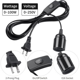 DiCUNO Extension Hanging Lantern Cord Cable, E26 Pendant Light Lamp Socket, On-Off Switch Close to Polarized Plug, 13 Feet, Medium Base for Grow, Plant, Ceiling Lights Fixture, Black, 2 Packs