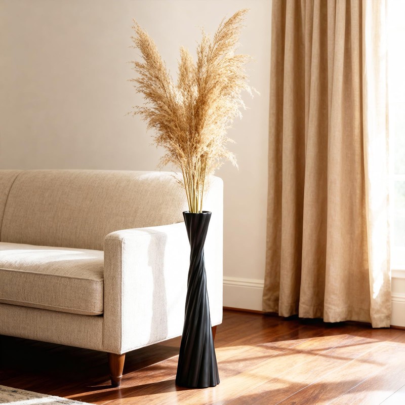 Tall Black Floor Vase 23.6″ – Glossy Twisted Resin Decorative