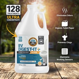Unique RV Digest-It Ultra RV Toilet Treatment Refill, 128 Uses, Super Concentrated - Eliminates Smells and Liquifies Waste, Bio-Enzymatic Holding Tank Treatment, Package May Vary (128 oz)