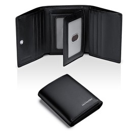 VANNANBA Men's Leather Trifold Wallet with Folded ID Windows,12 Card Slots & 2 Note pockets(Plain black)