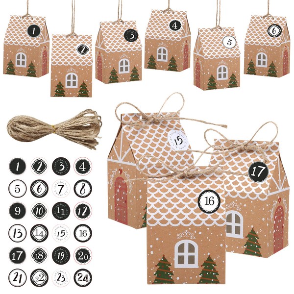 LEMESO Advent Calendar 2022 Christmas Wrapping Bags, Paper Bags, Set of 24, Snacks, Gifts, Packaging, Christmas Bags, Christmas Ornaments, Gift Bags, Petite Gift, Christmas Tree Decoration, House Shape, Stickers, Round String Included
