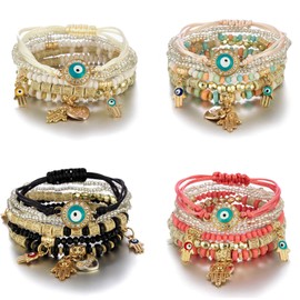 4 PCS Set Evil Eye Bohemian Wood Beaded Crystal Rope Pendant Bracelet Multilayer Stretch for Women Girl Lucky Turkish Fatima Hands Jewelry Charm-4 PCS