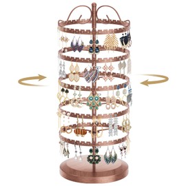 LASZOLA 5 Tier Bronze Earring Holder Organizer Tree Women Display Storage for Stud and Hoop, Large Cool Rotating Clip Stand for Pierced and Dangle Earring, Vertical Metal Tower Carousel with 400 Holes