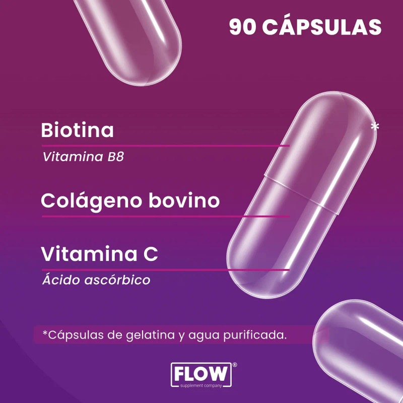 Biotina Colágeno Vitamina C 90 Cápsulas Flow Sin sabor