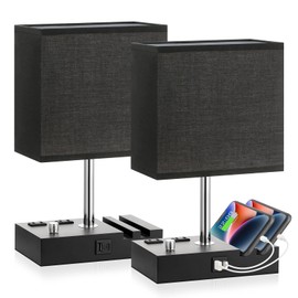 Fully Dimmable Bedside Lamps for Bedroom with USB C Ports, Kakanuo Black USB Table Lamp Set of 2, Wooden Desk Lamp with 2 Charging Outlets and Phone Stand for Nightstand and Living Room, Bulb Included