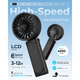 Peiyuu Handheld Fan, Portable Fan, 4000mAh Rechargeable Personal, 180° Foldable Mini Desk Fan with 6 Wind Speed, LCD Digital Display, Lanyard as Neck, Ultra Quiet, Pocket Size for Indoor Outdoor