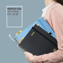 POPRUN 2026 Agenda [Medium-8.5" x 6.25" Wire-Bound Hard Cover] - Daily Weekly and Monthly Planner 2026 with Hourly Schedule, Vertical Weekly Layout, Monthly Tabs - Midnight Green