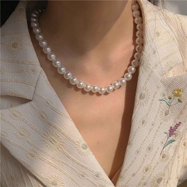 Xduargs Boho Pearl Choker Necklace White Pearl Strand Necklace Vintage Pearl Bead Necklace Adjustable Wedding Pearl Collar Necklace Jewelry for Women