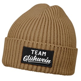 MoonWorks® Men's Beanie with Patch Knitted Hat with Saying Team Glühwein Print Funny Hat Men, Team Mulled Wine Light Brown