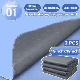 Incontinence Bed Pads 2 Pack 18” x 18” Washable Underpads- Super Absorbency Reusable Bedwetting Incontinence Pads for Kids, Adults, Elderly, and Pets - Waterproof Protective Pad for Sofa, Floor, Bed