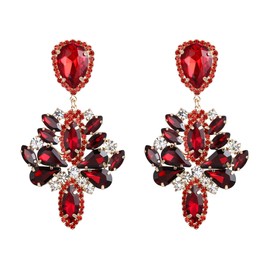 BriLove Bridal Wedding Clip-on Earrings, Crystal Rhinestone Marquise Teardrop Cluster Chandelier Dangle Earrings for Women Ruby Color Gold-Tone