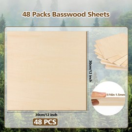 Adrattnay Basswood Sheets 1/16 x 12 x 12 inch - 1.5mm Basswood Sheets Plywood Sheets, 48Pcs Square Unfinished Wood Board for DIY Crafts, Laser Cutting, Wood Burning, Painting, Model Carving