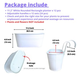 LaLaGreen Outdoor Plants Rail Planter (11.2 Inch, 12 Pack) White Metal Iron Hanging Flower Pots Deck Railings Fence Balcony Modern Boho Style Wall Mount Window Box Plant Holder Hooks Porch Home Decor