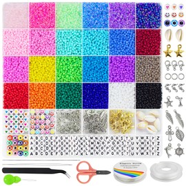 Redtwo 8000pcs 3mm Glass Seed Beads for Bracelet Making Kit, Small Beads Friendship Jewelry Making Kit, Tiny Waist Beads Kit with Letter Beads and Elastic String, DIY Art Craft Girls Gifts