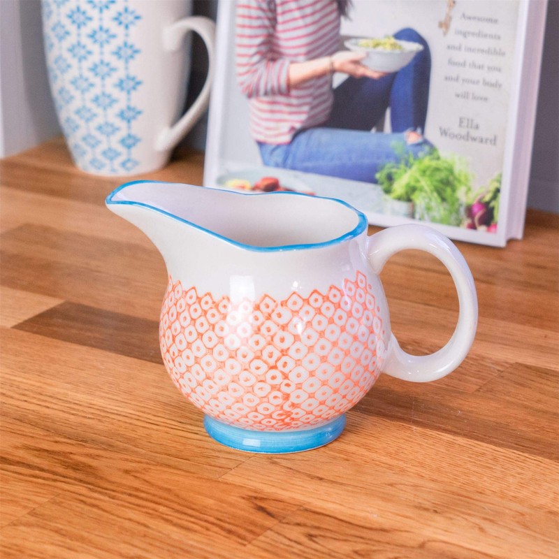 Patterned Milk Jug 300ml & Sugar Pot/Bowl Set - Orange/Blue