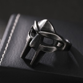 DOOM Mask Ring for Men Gladiator Style Black Titanium Stainless Steel Ring, Metal, No Gemstone