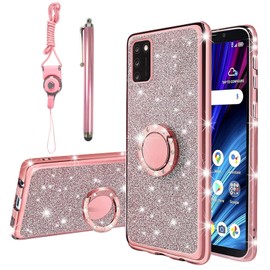 KuDiNi for Alcatel TCL A3X Case, A600Dl Case for Women Glitter Crystal Soft Clear TPU Luxury Bling Protective Cover with Kickstand Strap for TCL A3X A600Dl(Glitter Rose)