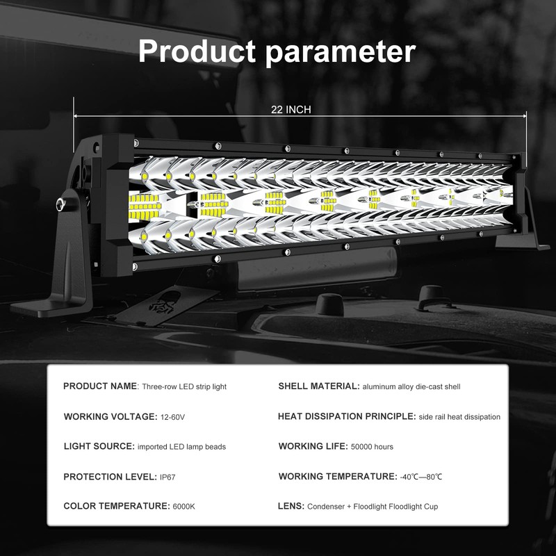 22 Inch Led Light Bar 450W Triple Row Spot Flood