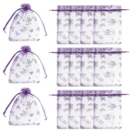 PATIKIL Organza Bags, 100 Pcs 5.1 x 7 Inch Mesh Candy Pouch with Drawstring Butterfly Jewelry Gift Bags for Wedding Christmas Festival Makeup Supply, Dark Purple Silver