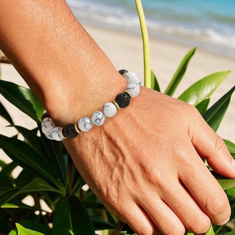 EQUBIO 8mm Lava Rock Howlite Bead Bracelet for Men, Matte