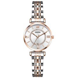 OLEVS Women's Quartz Watches Small Dial Roman Numerals Two Tone Bracelet Watches for Women White Rose Gold Face Ladies Analog Watch with Date Fashion Water Resistant Women Diamond Watches Easy Wear