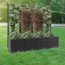 4PCS Plastic Planter Box with Trellis,63"x16"x56" Raised Garden Bed with Trellis for Plant & Flower,Outdoor Planter Box for Climbing Plants Vegetables Vines,Backyard Patio Privacy Planter with Trellis