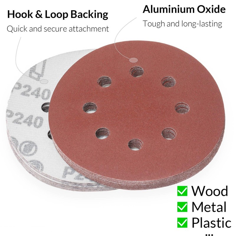 YoiYee 240 Grit Sanding Discs Pads, 8 Holes, 125mm/5-inch Hook