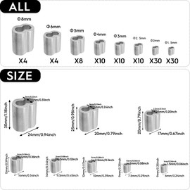 Crimping Loop Sleeve Clips，Aluminium Double Holes Press Clamps, Choke Clamps for Steel Cable Crimps, Wire RopeTarpaulin Rope(1.5-8mm,8 Size)