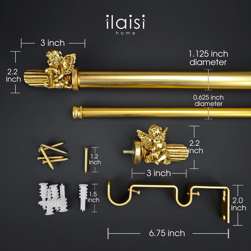 ILAISIHOME 1-1/8 Inch Diameter Brushed Gold Curtain Rods with Cherub