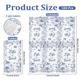 100 Pcs Blue Floral Paper Napkins Chinoiserie Dinner Napkins Bathroom Napkins Guest Disopsable Pretty Disposable Hand Towels for Birthday Bridal Shower Party Decor