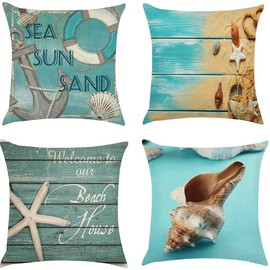 jutshow Summer Blue Ocean Theme 18x18 Inch Decorative Pillows Covers The Beach Starfish Wood Grain Sea Anchor Home Decor for Sofa Car Bedroom Pillow Cover Set of 4