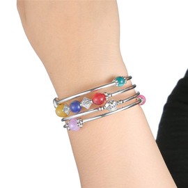 Beaded Pearl Bangle Wrap Bracelet - Fashion Bohemian Jewelry Multilayer Charm Bracelet with Thick Silver Metal Beads, Gift For Women, 2.4 inches, Metal, botswana agate