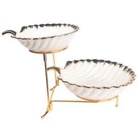 LIUYWYHCF 3-Tier Serving Rack with Ceramic Serving Bowls, Foldable Gold Stand with 3 Pieces 7.1"+8.5"+10.2" Gold Rim Large Bowls, Bowl for Food Display, Fruit, Dessert Server Display and Entertaining