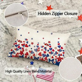 RABUSOFA 4th of July Throw Pillow Covers 12x20 Inch,Patriotic Heart Star Floral Red White and Blue Memorial Day Independence Day Fourth of July Decoration for Sofa Couch Outdoor Lumbar Cushion Case