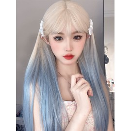 RyuuCos Women's Wig, Long Straight Harajuku, Long Hair, White and Blue Gradient Wig, Small Face, Heat Resistant, Disguise, Cosplay Events