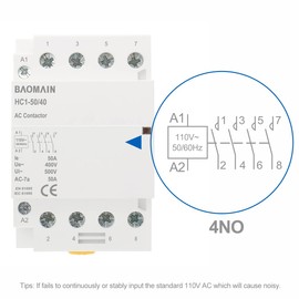 Baomain 4-Pole 4NO Contactor with 110volt AC Coil 50A Normal Close Universal Circuit Control 35mm DIN Rail Mount HC1-50/40