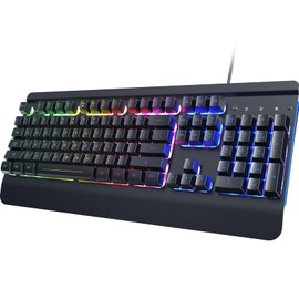 RisoPhy Gaming Keyboard, 104 Keys All-Metal Panel, Rainbow LED Backlit Silent Computer Keyboard, Wrist Rest, Multimedia Keys, Anti-Ghosting, Waterproof Light Up Wired Keyboard for PC Mac Gamer
